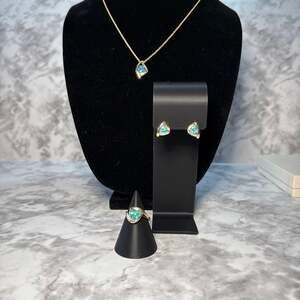 Vintage 10K Gold Blue Mosaic Opal Inlay Jewelry Set - Necklace, Earrings, and Ri